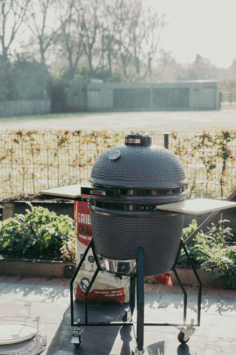 Large barbecue grill on a patio with plants and a fence in the background