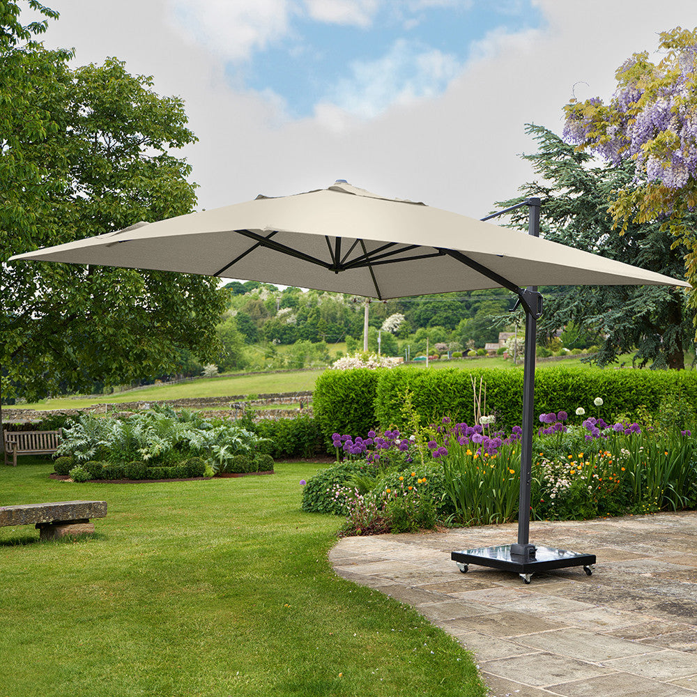 Challenger T2 3.5 x 2.6m Rectangular Champagne Free Arm Parasol and Granite Base