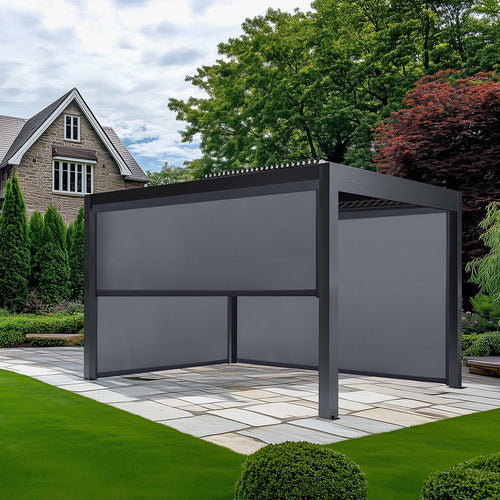 Gray pergola with screen in a garden setting