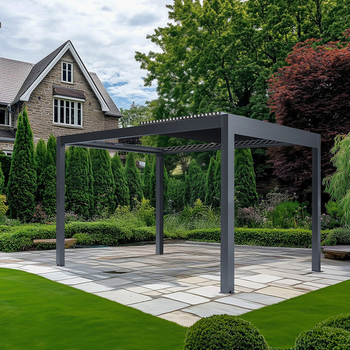 Garden pergola with a house and trees in the background