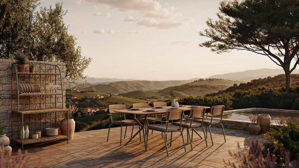A stylish outdoor dining area features a six-seat table set against a picturesque landscape of rolling hills and trees. The scene includes a stone wall rack with plates and a serene atmosphere, perfect for al fresco dining.
