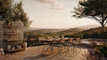 A stylish outdoor dining area features a six-seat table set against a picturesque landscape of rolling hills and trees. The scene includes a stone wall rack with plates and a serene atmosphere, perfect for al fresco dining.