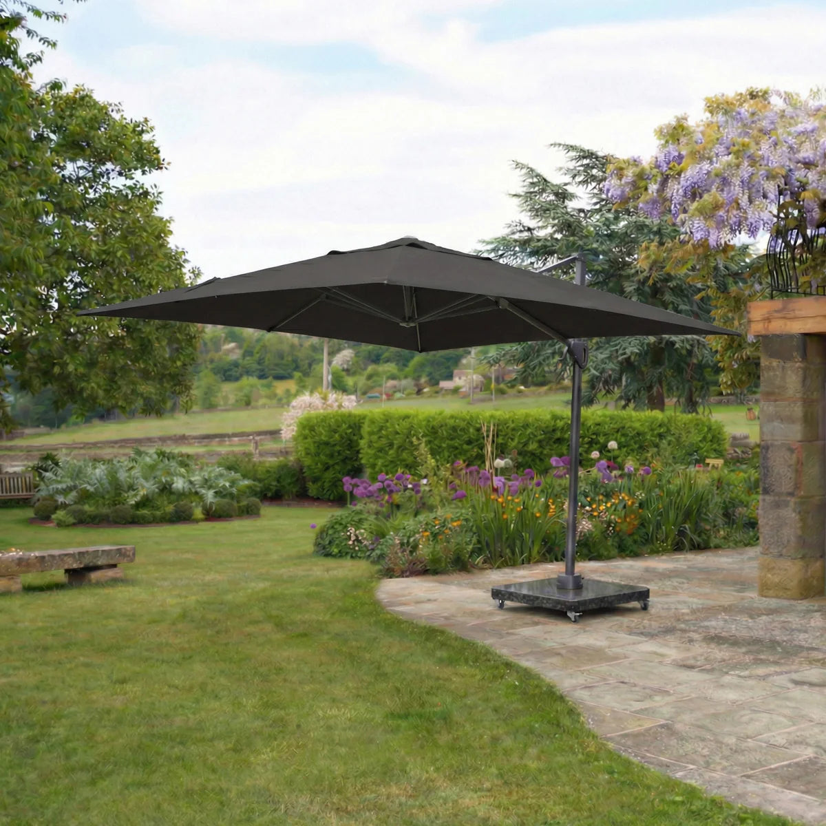 large cantilever patio umbrellas uk Camber 3m Square Parasol | Solar LED Lights & Base Triple Coverage Extra Large Double-Sided Garden Parasol