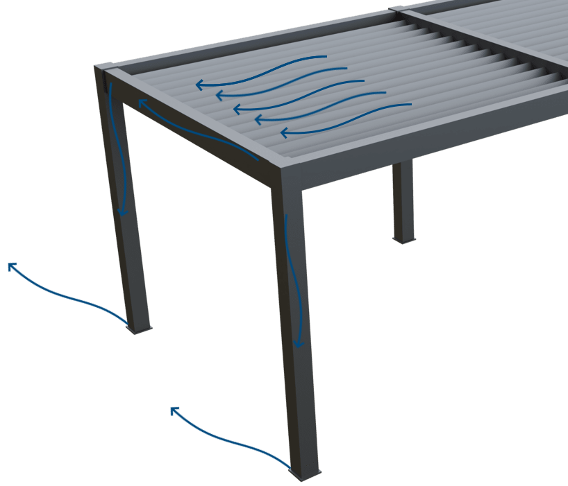 Gray outdoor table with blue arrows indicating airflow on a white background