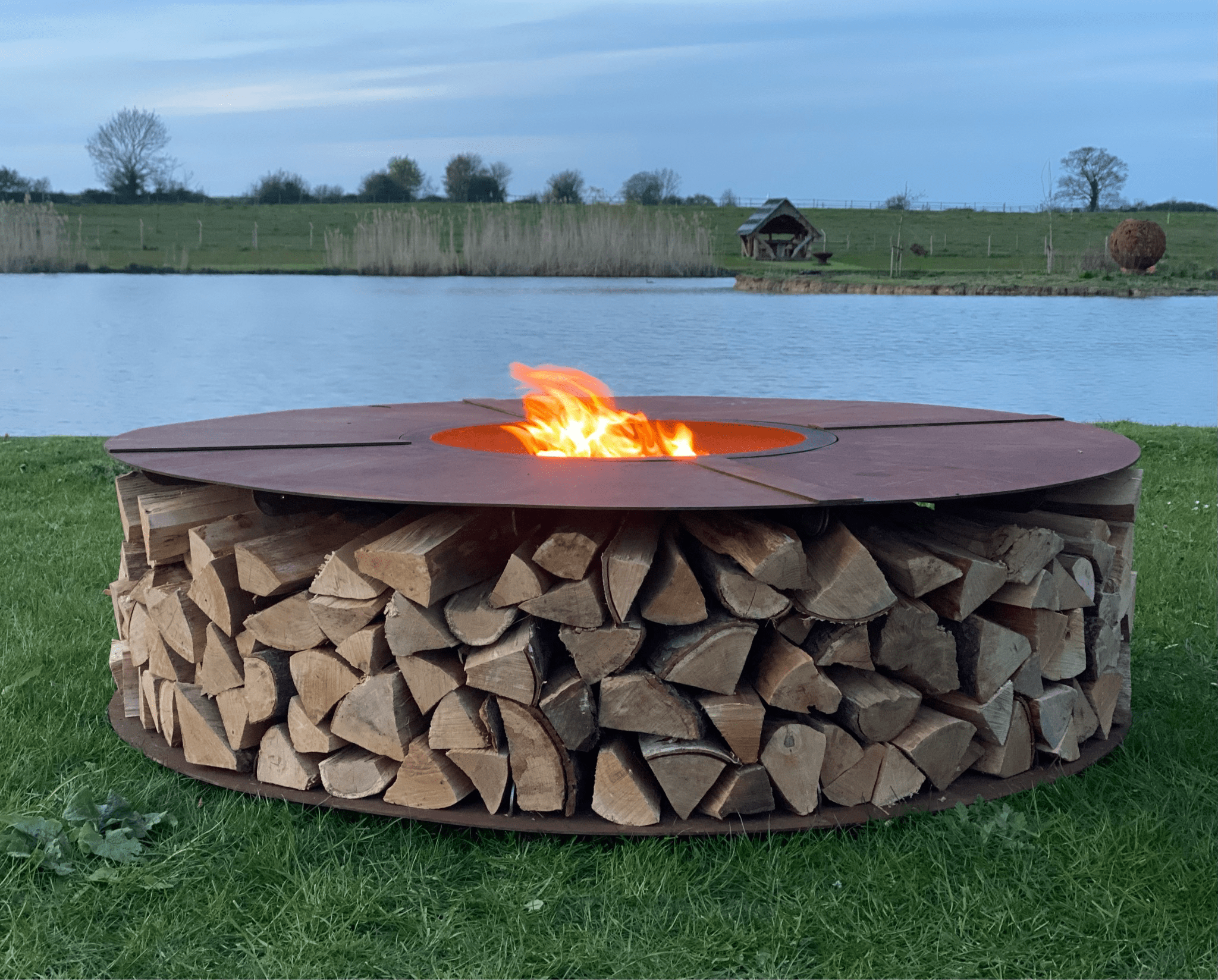 Low Firepit Table with Wood Storage
