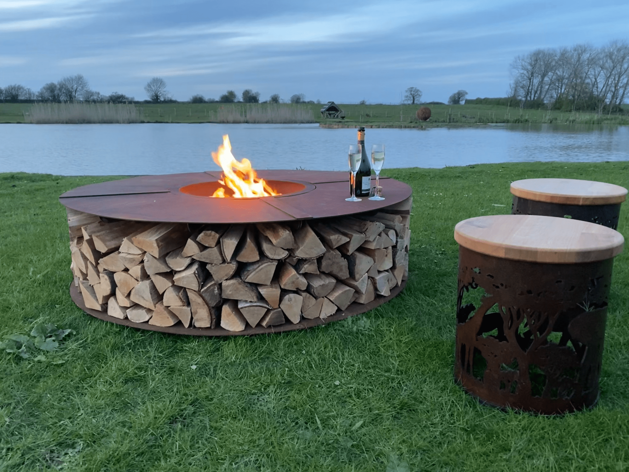 Low Firepit Table with Wood Storage